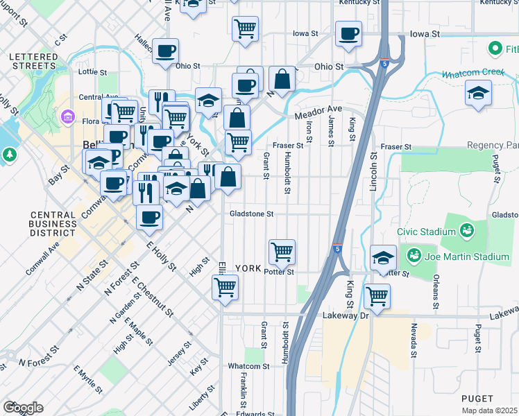 map of restaurants, bars, coffee shops, grocery stores, and more near 1525 Grant Street in Bellingham