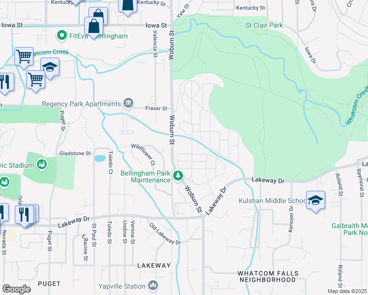 map of restaurants, bars, coffee shops, grocery stores, and more near 1400 Woburn St in Bellingham