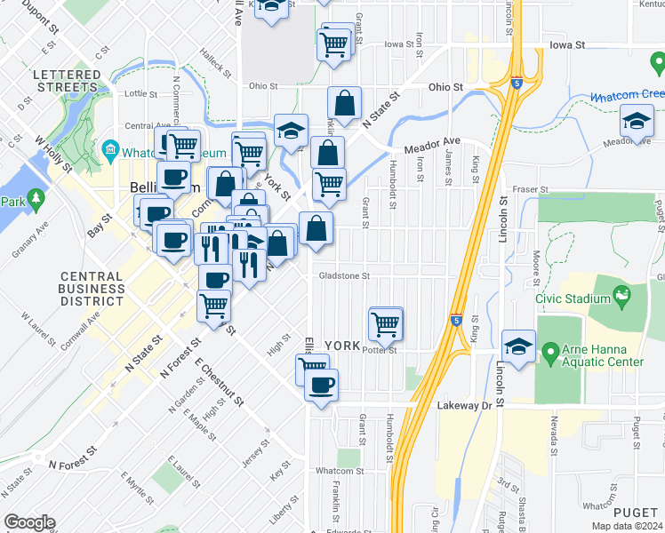 map of restaurants, bars, coffee shops, grocery stores, and more near 1525 Franklin Street in Bellingham