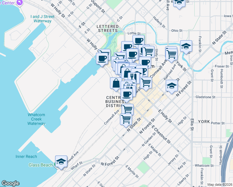 map of restaurants, bars, coffee shops, grocery stores, and more near 203 West Chestnut Street in Bellingham