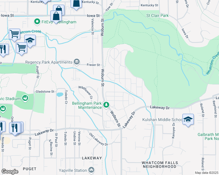 map of restaurants, bars, coffee shops, grocery stores, and more near 1400 Woburn Street in Bellingham