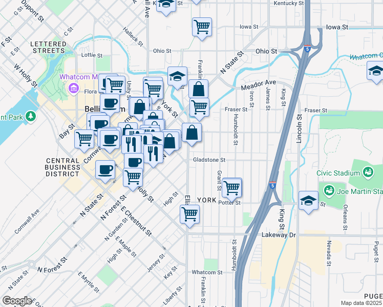 map of restaurants, bars, coffee shops, grocery stores, and more near in Bellingham