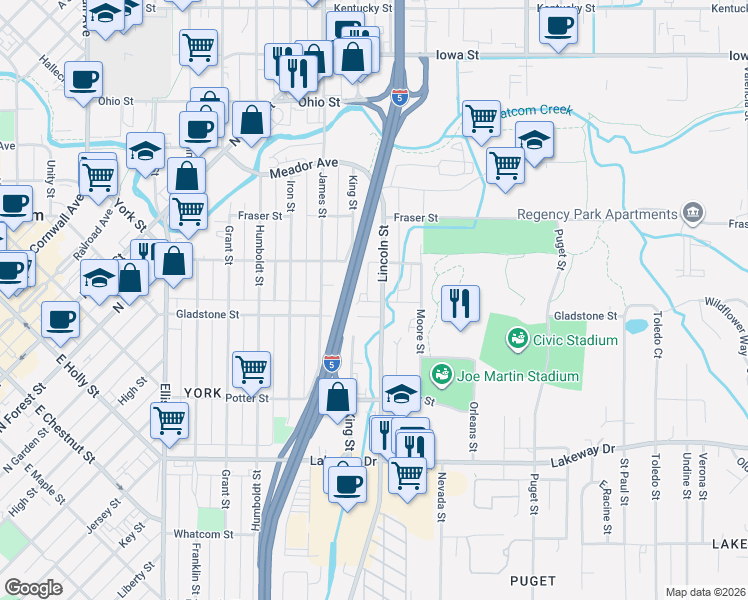 map of restaurants, bars, coffee shops, grocery stores, and more near 1527 Lincoln Street in Bellingham