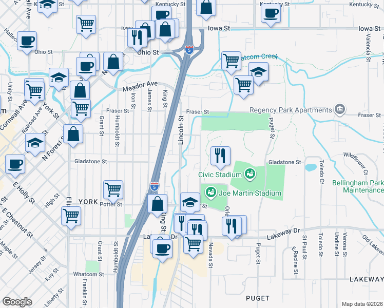 map of restaurants, bars, coffee shops, grocery stores, and more near 1509 Moore Street in Bellingham
