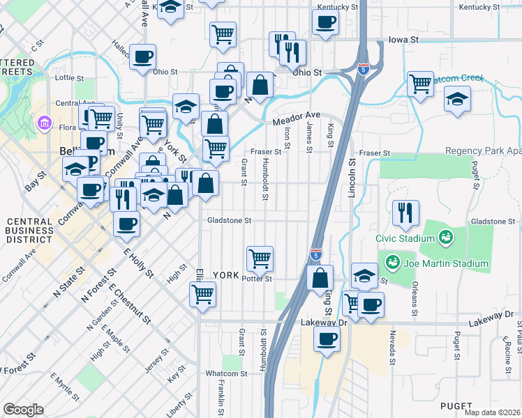 map of restaurants, bars, coffee shops, grocery stores, and more near 1526 Humboldt Street in Bellingham