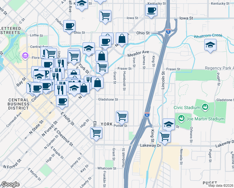 map of restaurants, bars, coffee shops, grocery stores, and more near 1525 Grant Street in Bellingham