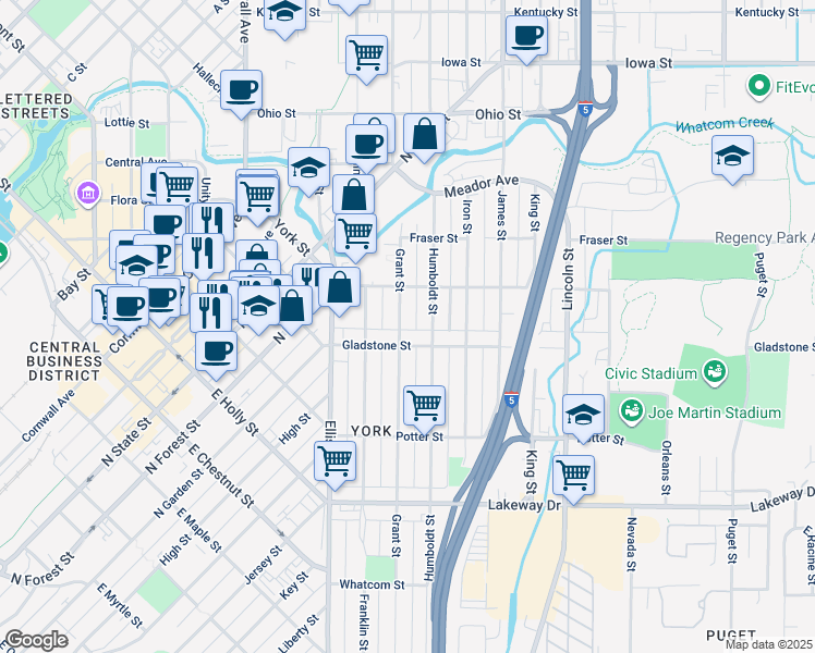 map of restaurants, bars, coffee shops, grocery stores, and more near 1525 Grant Street in Bellingham