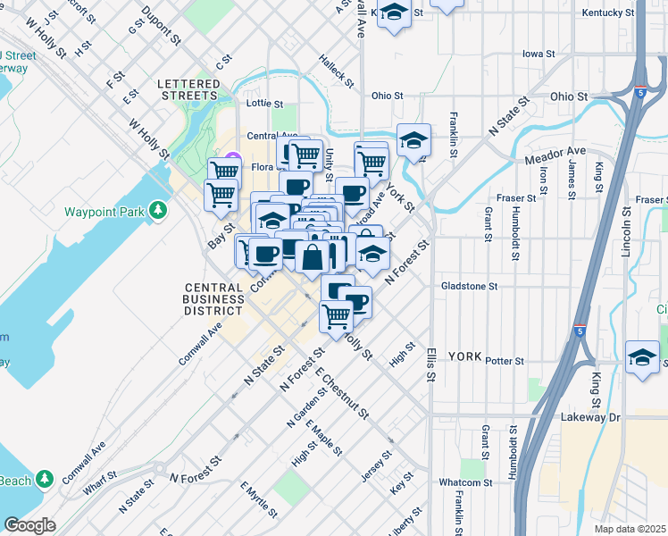 map of restaurants, bars, coffee shops, grocery stores, and more near 205 East Magnolia Street in Bellingham