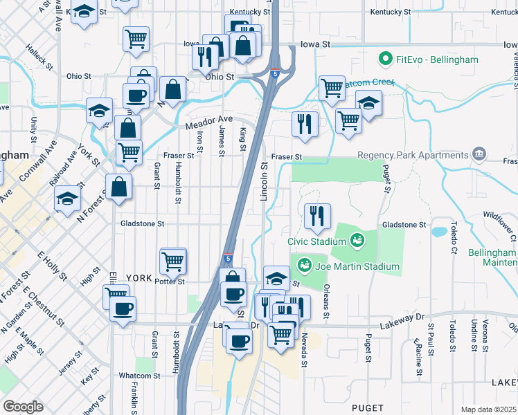 map of restaurants, bars, coffee shops, grocery stores, and more near 1527 Lincoln Street in Bellingham