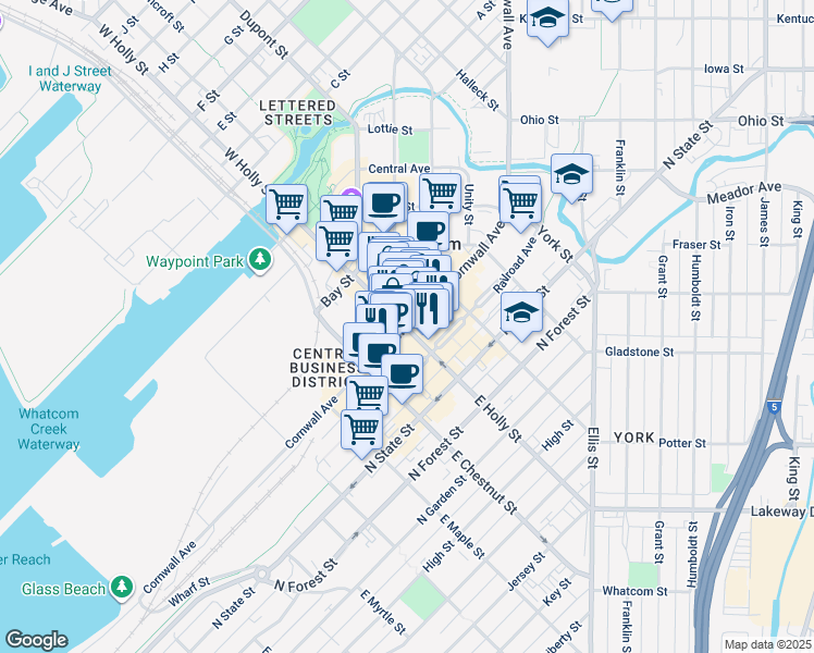 map of restaurants, bars, coffee shops, grocery stores, and more near 101 East Holly Street in Bellingham