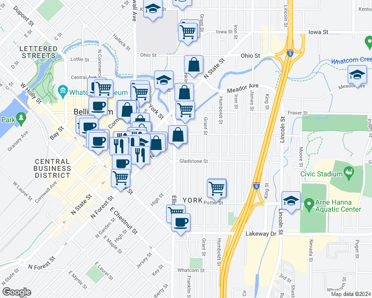 map of restaurants, bars, coffee shops, grocery stores, and more near 1525 Franklin Street in Bellingham