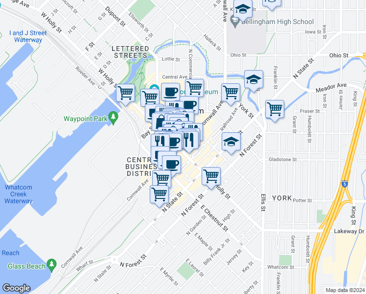 map of restaurants, bars, coffee shops, grocery stores, and more near 101 East Holly Street in Bellingham