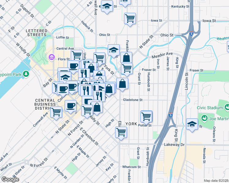map of restaurants, bars, coffee shops, grocery stores, and more near 1510 North Forest Street in Bellingham