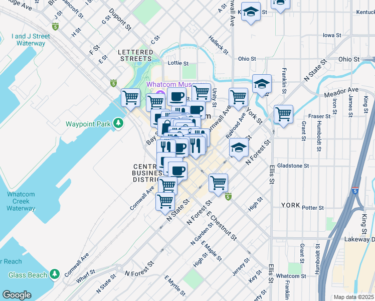 map of restaurants, bars, coffee shops, grocery stores, and more near 4 West Holly Street in Bellingham