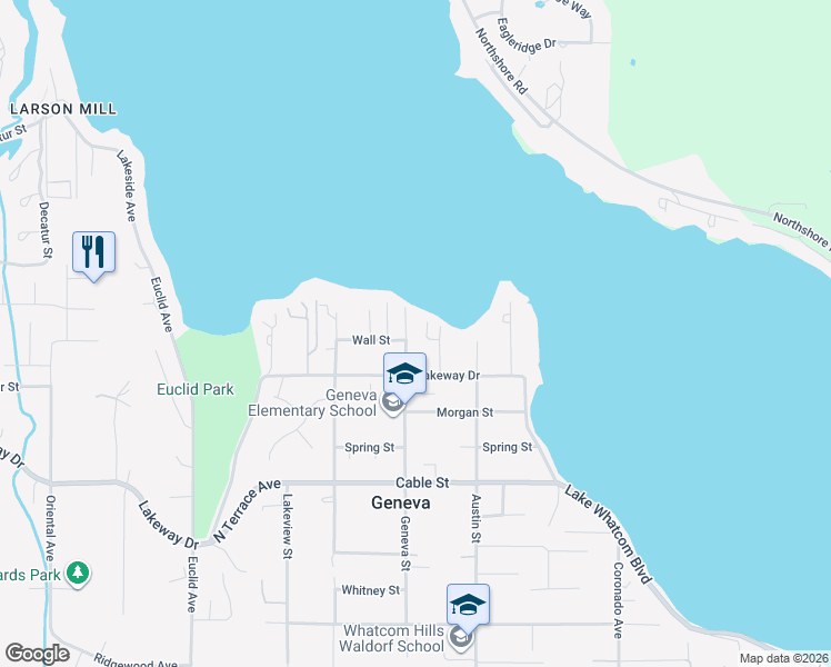 map of restaurants, bars, coffee shops, grocery stores, and more near 1540 Geneva Street in Bellingham