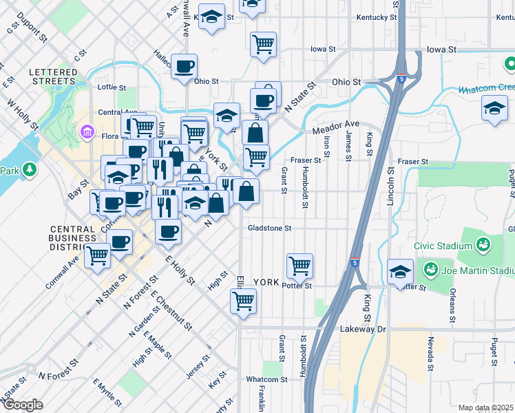 map of restaurants, bars, coffee shops, grocery stores, and more near 1525 Franklin Street in Bellingham
