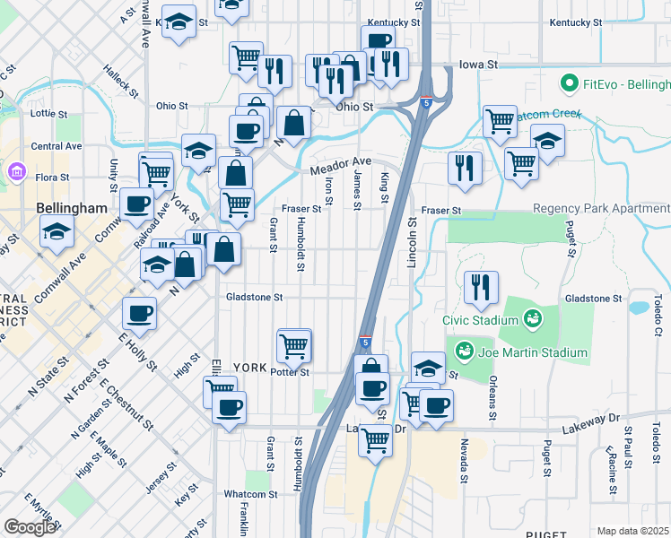 map of restaurants, bars, coffee shops, grocery stores, and more near 1524 Iron Street in Bellingham