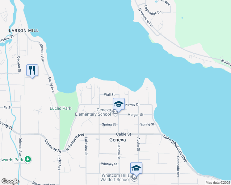 map of restaurants, bars, coffee shops, grocery stores, and more near 1540 Geneva Street in Bellingham