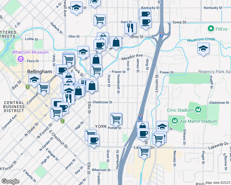 map of restaurants, bars, coffee shops, grocery stores, and more near 1526 Humboldt Street in Bellingham