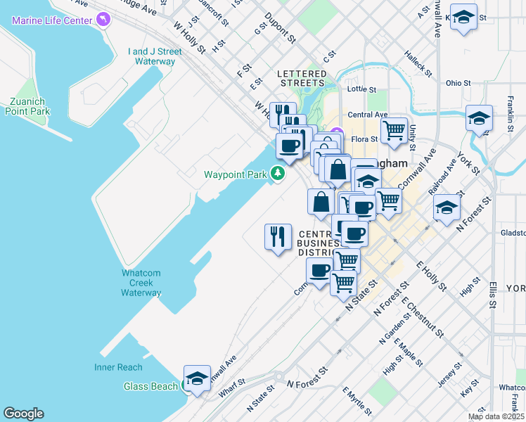 map of restaurants, bars, coffee shops, grocery stores, and more near 1220 Central Ave in Bellingham