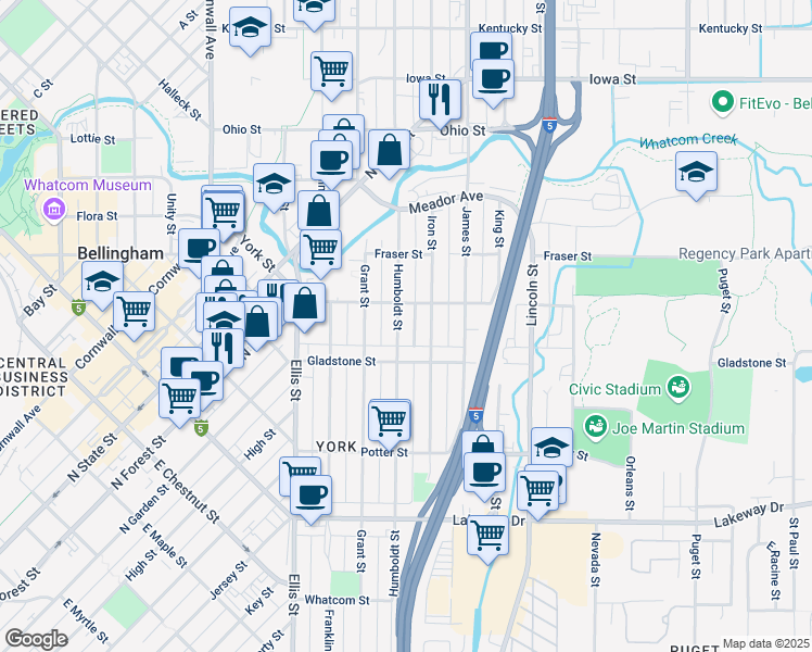 map of restaurants, bars, coffee shops, grocery stores, and more near 1526 Humboldt Street in Bellingham