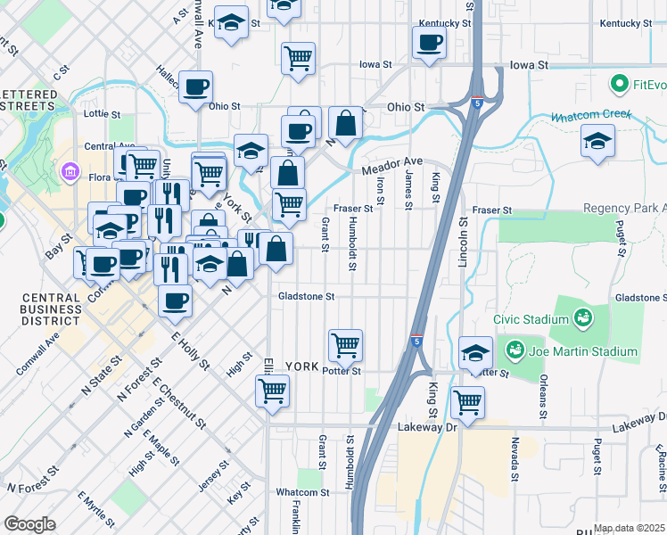 map of restaurants, bars, coffee shops, grocery stores, and more near 1525 Grant Street in Bellingham