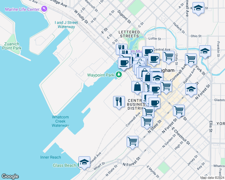 map of restaurants, bars, coffee shops, grocery stores, and more near 1220 Central Ave in Bellingham