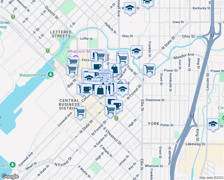 map of restaurants, bars, coffee shops, grocery stores, and more near 205 East Magnolia Street in Bellingham