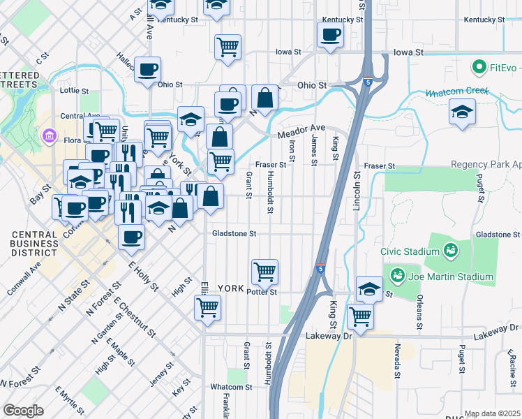 map of restaurants, bars, coffee shops, grocery stores, and more near 1525 Grant Street in Bellingham