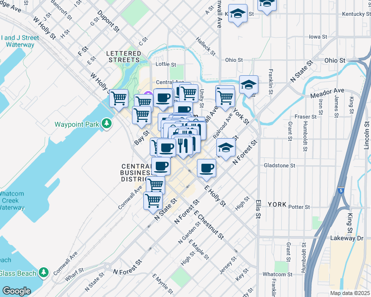 map of restaurants, bars, coffee shops, grocery stores, and more near 1308 Cornwall Avenue in Bellingham