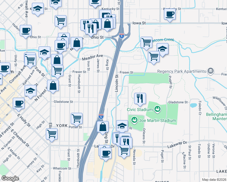 map of restaurants, bars, coffee shops, grocery stores, and more near 1529 Lincoln Street in Bellingham