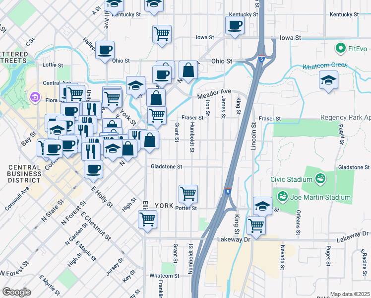 map of restaurants, bars, coffee shops, grocery stores, and more near 1525 Grant Street in Bellingham