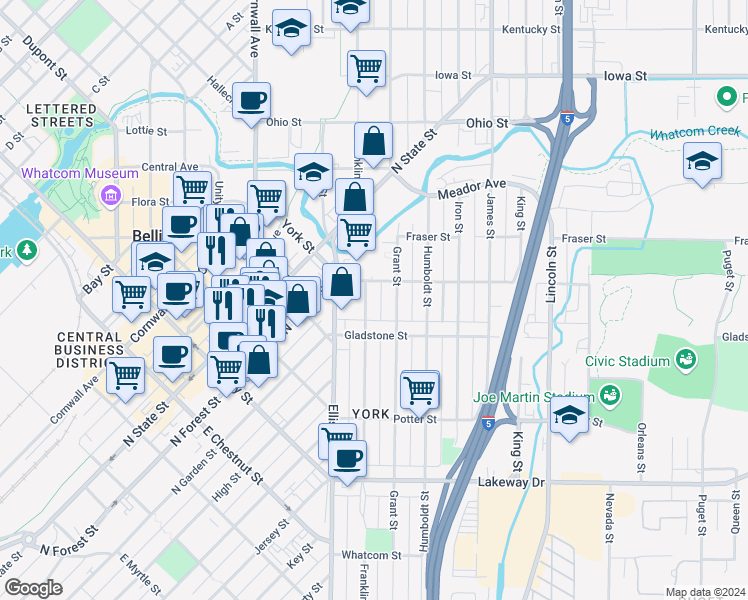 map of restaurants, bars, coffee shops, grocery stores, and more near 1525 Franklin Street in Bellingham
