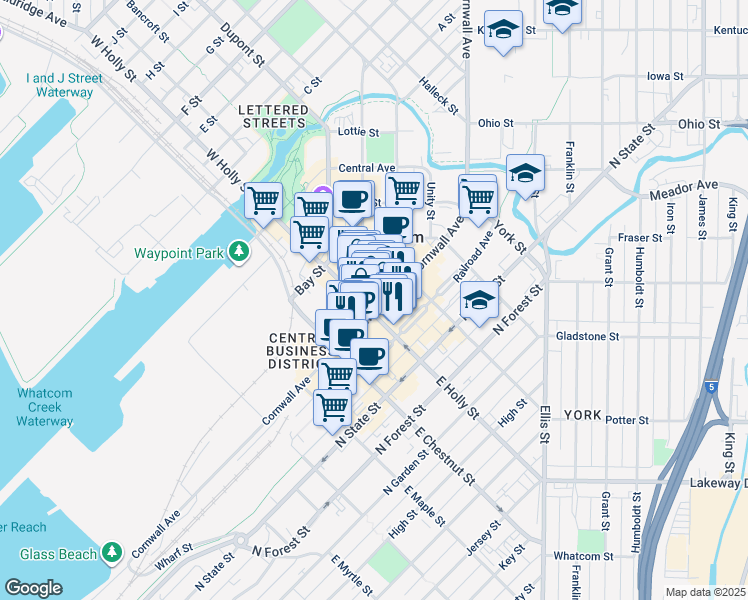 map of restaurants, bars, coffee shops, grocery stores, and more near 4 West Holly Street in Bellingham