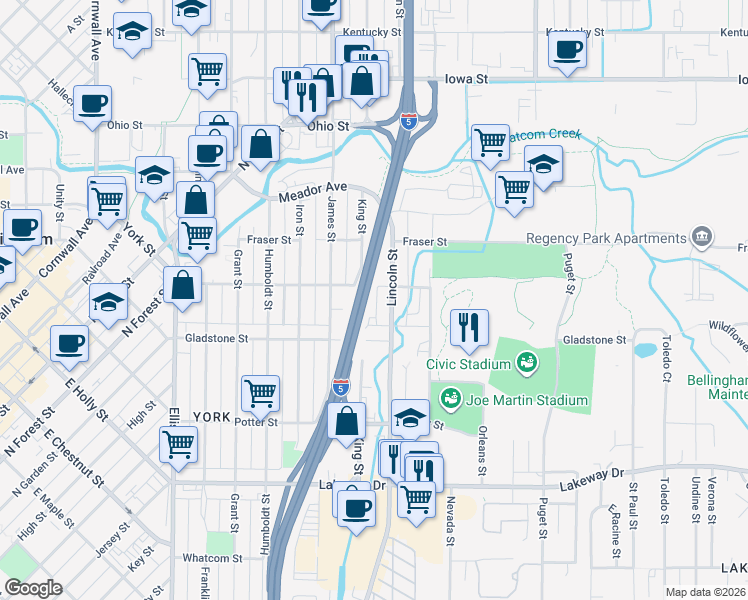 map of restaurants, bars, coffee shops, grocery stores, and more near 1527 Lincoln Street in Bellingham