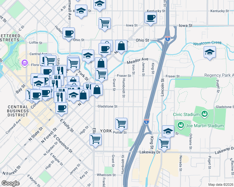 map of restaurants, bars, coffee shops, grocery stores, and more near 1525 Grant Street in Bellingham
