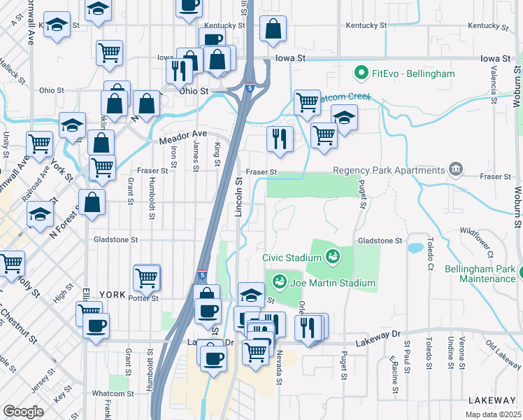 map of restaurants, bars, coffee shops, grocery stores, and more near 1060 York Street in Bellingham