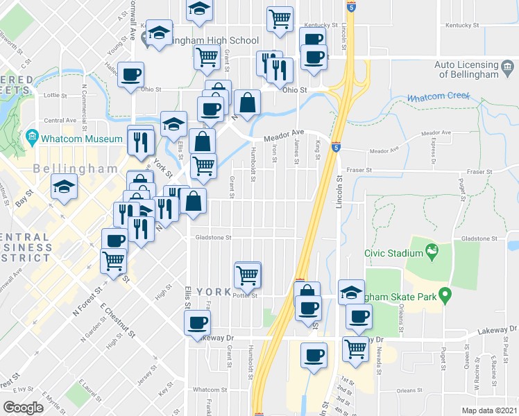 map of restaurants, bars, coffee shops, grocery stores, and more near 1526 Humboldt Street in Bellingham