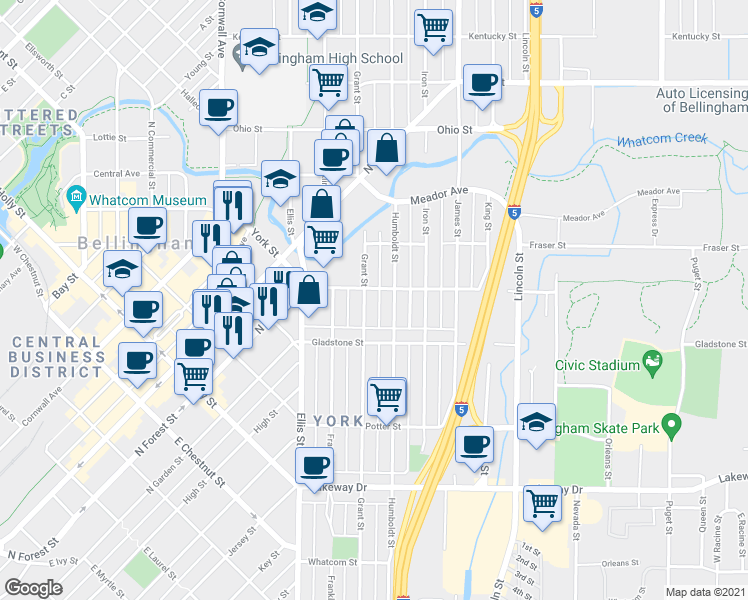 map of restaurants, bars, coffee shops, grocery stores, and more near 1525 Grant Street in Bellingham