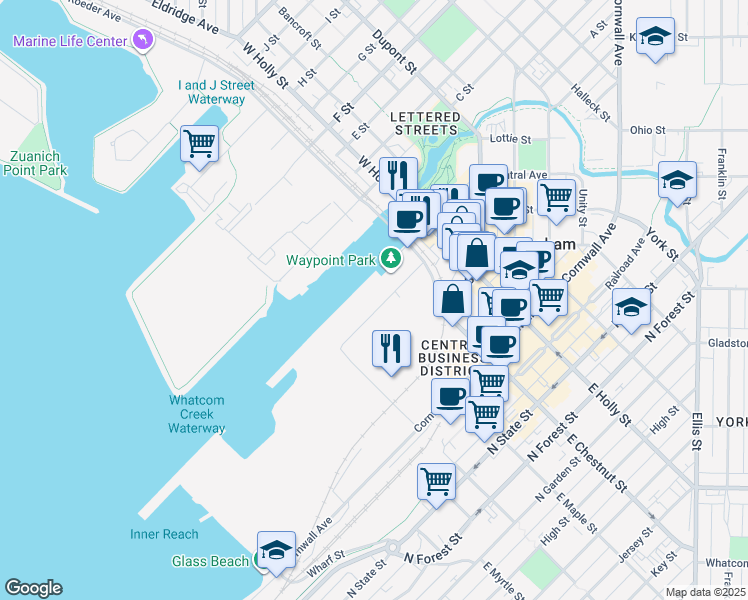 map of restaurants, bars, coffee shops, grocery stores, and more near 1220 Central Ave in Bellingham