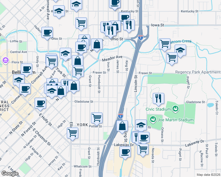 map of restaurants, bars, coffee shops, grocery stores, and more near 1538 Iron Street in Bellingham