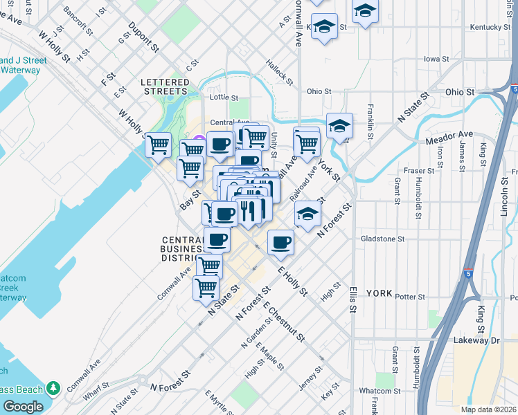 map of restaurants, bars, coffee shops, grocery stores, and more near 1308 Cornwall Avenue in Bellingham