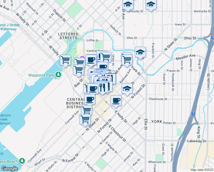 map of restaurants, bars, coffee shops, grocery stores, and more near 1308 Cornwall Avenue in Bellingham