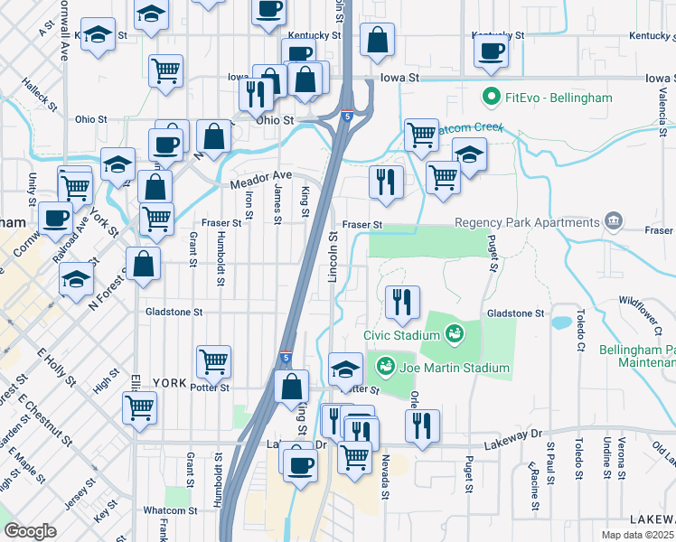 map of restaurants, bars, coffee shops, grocery stores, and more near 1060 York Street in Bellingham