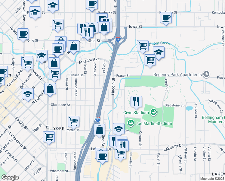 map of restaurants, bars, coffee shops, grocery stores, and more near 946 York Street in Bellingham