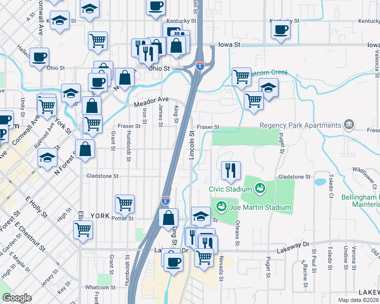 map of restaurants, bars, coffee shops, grocery stores, and more near 1527 Lincoln Street in Bellingham