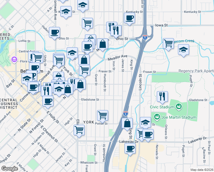 map of restaurants, bars, coffee shops, grocery stores, and more near 1540 Humboldt Street in Bellingham