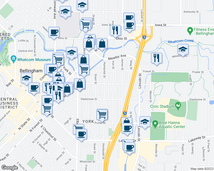 map of restaurants, bars, coffee shops, grocery stores, and more near 1540 Humboldt Street in Bellingham