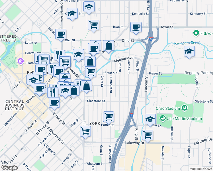 map of restaurants, bars, coffee shops, grocery stores, and more near York Street in Bellingham