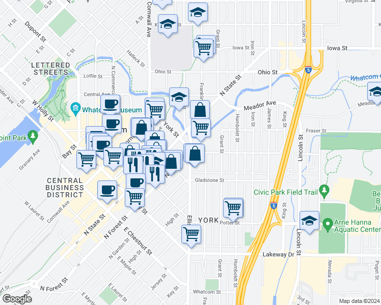 map of restaurants, bars, coffee shops, grocery stores, and more near 304 York Street in Bellingham